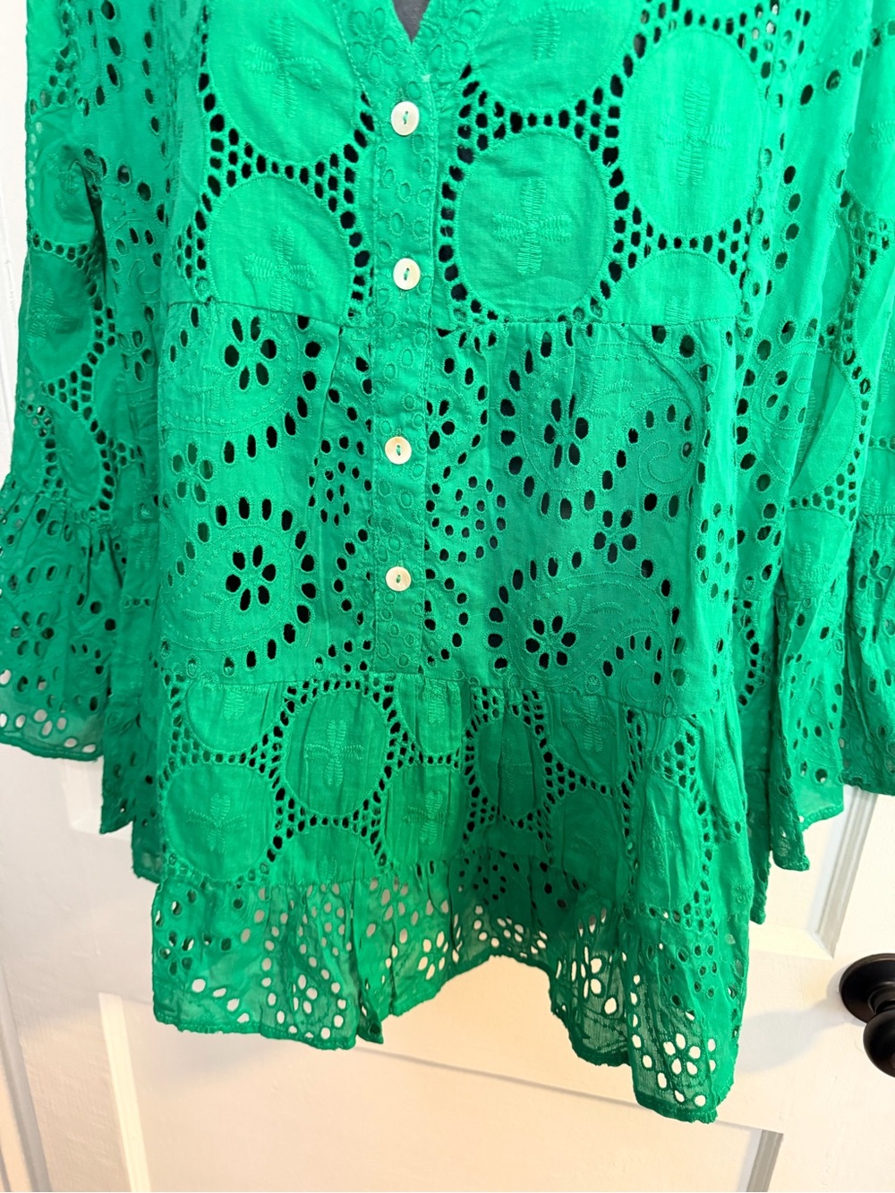 Jaded Gypsy Green Eyelet Button-Front Peplum Blouse - Picture 4 of 9
